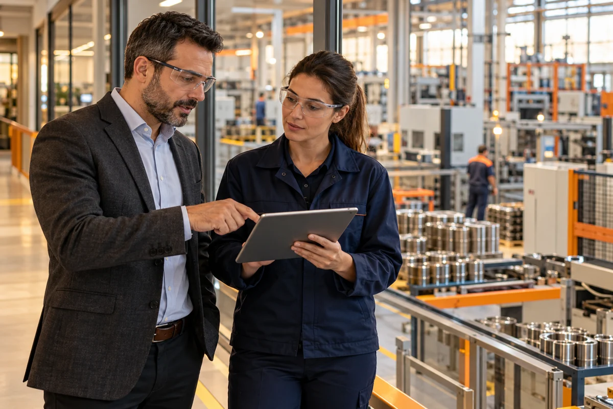 Cena ilustrativa de um representante em conversa com uma cliente industrial